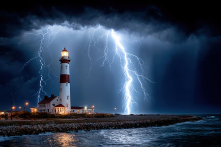 A lighthouse stands tall against a stormy night sky, illuminated by bolts of lightningの写真素材
