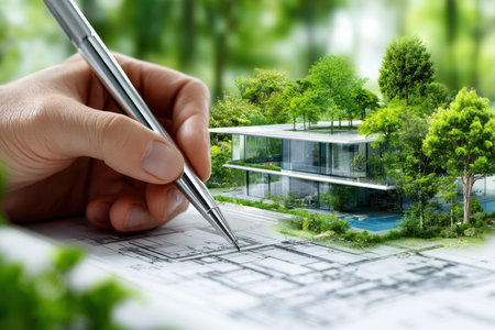 A hand sketches architectural plans for a contemporary home set amidst lush trees and plants.の写真素材