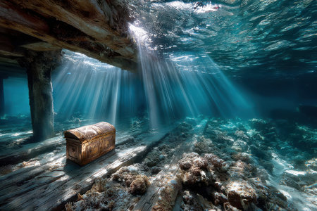 A surreal, underwater shot of a sunken ship, taken with a wide-angle lens, creating a sense of haunting beauty and forgotten history, with a single beam of sunlight illuminating a treasure chestの写真素材