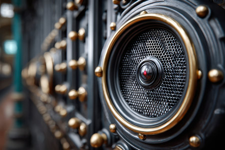 The vintage speaker displays detailed craftsmanship with a blend of metal and wood elements, emphasizing sound quality.の写真素材