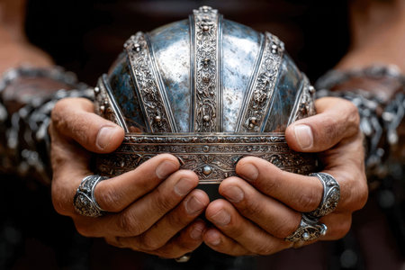 A person holds a beautifully crafted silver object, adorned with detailed patterns and gemstones, in both hands.の写真素材