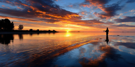 A lone fisherman casts a line into a calm lake at sunsetの写真素材