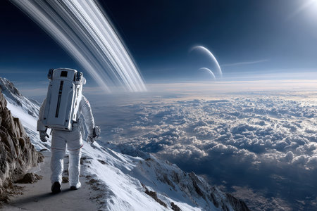 An astronaut stands on a rocky landscape, gazing at astonishing rings and two moons in a distant atmosphere.の写真素材