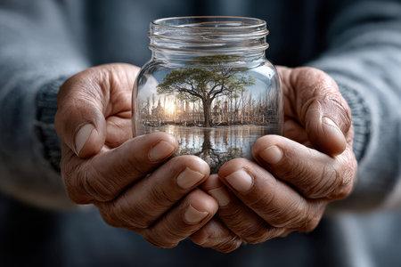 A pair of hands gently cradles a jar containing a small tree surrounded by still water, capturing nature's beauty.の写真素材