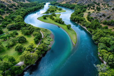 Aerial view of a winding river flowing through a lush green landscapeの写真素材