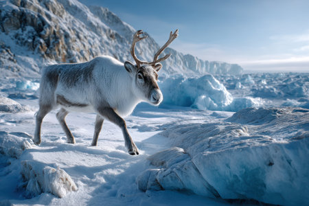 A reindeer moves across a frozen terrain surrounded by glaciers and snow in a chilly winter landscape.の写真素材