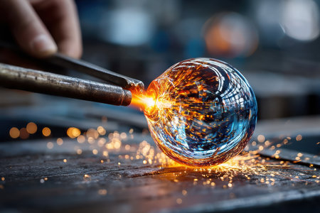 Closeup of glassblowing process, shaping molten glass into sphereの写真素材