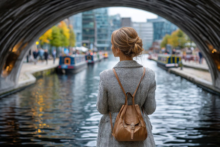 A woman looks out over the canal, observing boats and enjoying the picturesque autumn scenery in the city.の写真素材
