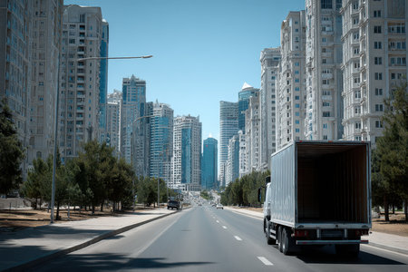 A truck drives along a major avenue, surrounded by tall buildings and greenery on a clear day.の写真素材
