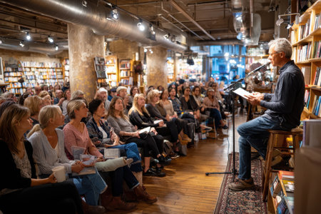 An author is engaged in a reading session at a busy bookstore, with an attentive audience enjoying the moment.の写真素材