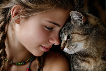 A girl leans her head against her cat's forehead, exuding warmth and connection in a natural setting.の写真素材