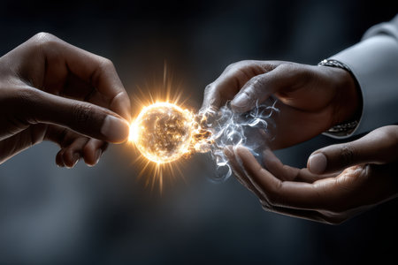 Two hands touch to form a radiant orb of energy, illuminating the dark surroundings with sparks.の写真素材