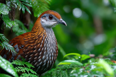 A ferruginous partridge peers out from behind lush green foliage in its natural habitatの写真素材