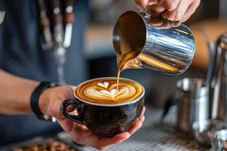 A skilled barista pours steamed milk into a black coffee cup, crafting intricate latte art on the surface.の写真素材