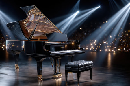 A grand piano sits on a stage under spotlights, ready for a performanceの写真素材