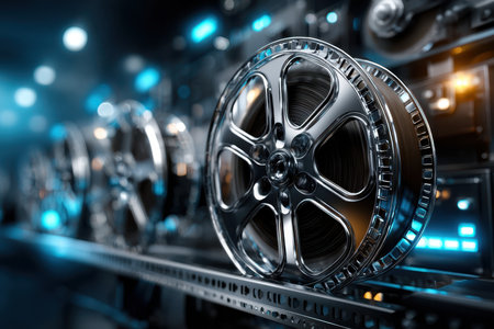 Film reels are lined up on a shelf, illuminated by soft blue lights in a nighttime studio setting.の写真素材