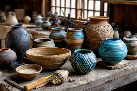 Artisans create beautiful pottery using traditional techniques in a warm, rustic workshop filled with colorful pieces.の写真素材