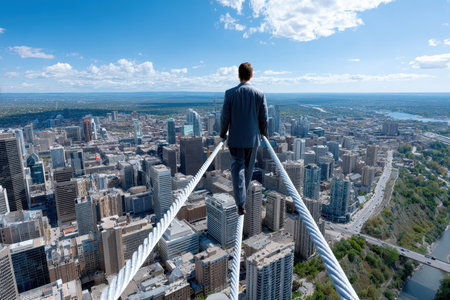 High above a bustling city, a man balances on a tightrope, showcasing skill against a stunning skyline below.の写真素材