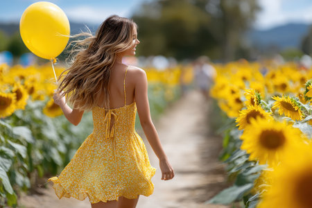 A woman in a yellow dress strolls joyfully among blooming sunflowers, gripping a bright balloon in her hand.の写真素材