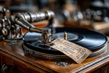 A classic gramophone with a black vinyl record spins while a concert ticket rests next to it, evoking nostalgia.の写真素材
