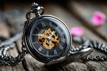 A detailed, close-up shot of a vintage pocket watch, photographed against a rustic wooden background, expressing timelessness and craftsmanship, with a single, unexpected flower petal caught in the gearsの写真素材