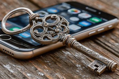 A vintage decorative key rests on a smartphone, showing the blend of classic charm and modern convenience.の写真素材