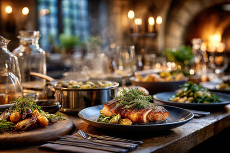 A delicious gourmet meal, set in a rustic kitchen, under warm, inviting lighting, with a surprise hint of steamの写真素材