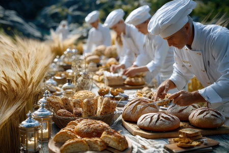 Chefs are skillfully crafting and slicing fresh bread in a scenic outdoor location surrounded by wheat.の写真素材