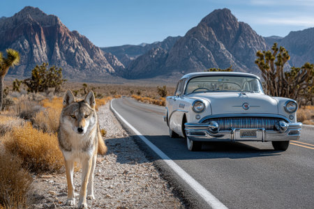 A vintage car and a wolf encounter on a desert roadの写真素材