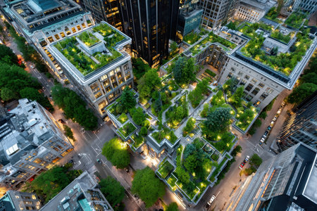 An aerial view of buildings with rooftop gardens and a city street belowの写真素材