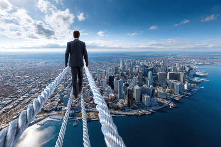 A person in a suit balances on a tight rope over a vast urban landscape beneath a bright sky.の写真素材