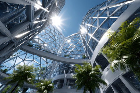 Low angle view of a modern glass atrium with palm treesの写真素材