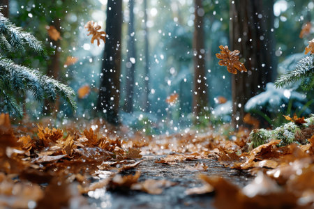 Fallen leaves cover a forest path as snow falls gently aroundの写真素材