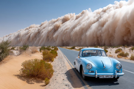 A vintage car sits on a desert road as a massive sandstorm approachesの写真素材