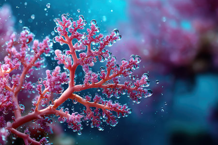 Closeup of a pink coral branch with water droplets in a blue underwater sceneの写真素材