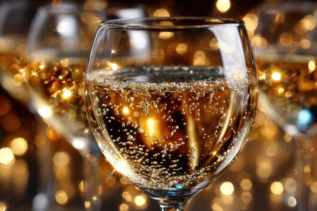 Closeup of a champagne flute with bubbles against a golden bokeh backgroundの写真素材