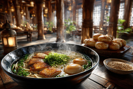 Ramen bowl filled with grilled chicken, soft eggs, and green onions in a warm, inviting restaurant.の写真素材