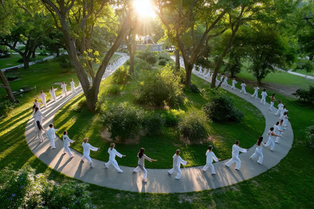 A group of people practicing tai chi in a park at sunrise, with a peaceful, harmonious mood, shot with a drone camera, showing the balance between mind and bodyの写真素材