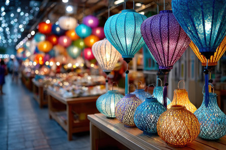 Colorful lanterns glow at a night market displayの写真素材