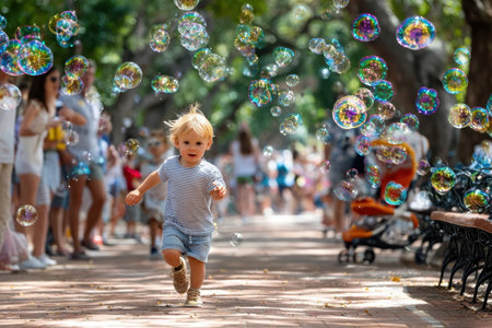 A young child runs excitedly in a park as colorful bubbles float around, creating a playful atmosphere.の写真素材