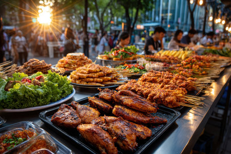 A vibrant street food market in Bangkok at sunset, evoking a sense of adventure, in dramatic, low-angle lighting, using a wide-angle lens.の写真素材