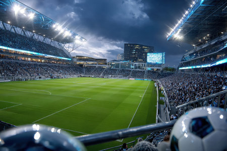 A packed soccer stadium under a dramatic evening sky during a gameの写真素材