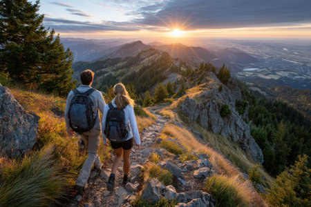 Two hikers with backpacks walk along a mountain ridge at sunsetの写真素材