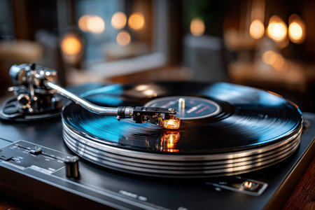A vintage turntable spins a vinyl record, filling the warm, inviting space with music and nostalgia.の写真素材