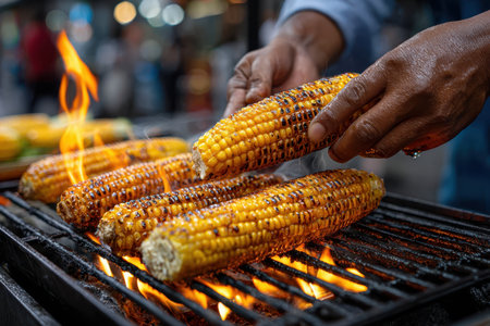 A vendor skillfully grills corn on the cob over open flames, surrounded by lively market activity.の写真素材