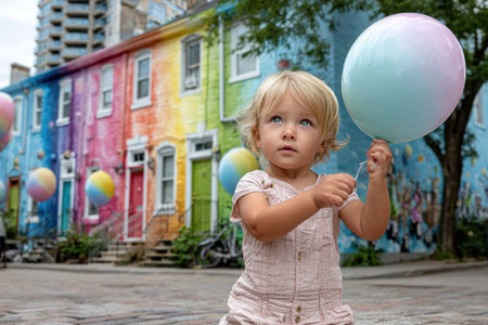 A young child with blonde hair stands holding a balloon, gazing at vibrant murals in a lively city.の写真素材