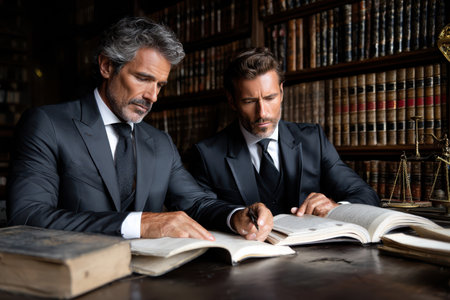 Two well-dressed men are deeply focused on reading and writing in a large, vintage library with many books.の写真素材