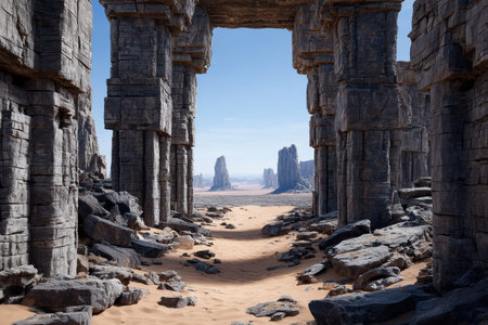 Ancient stone structures frame a breathtaking desert view, highlighting unique rock formations and sandy terrain.の写真素材