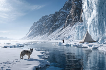 A wolf watches from the snowy riverbank as a person approaches a tent in a stunning winter wilderness.の写真素材