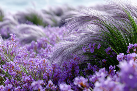 Lavender blooms and soft grasses sway gently in a peaceful field under a clear blue sky, creating a tranquil atmosphere.の写真素材